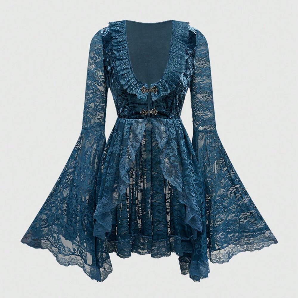 Blue Velvet Blouse NEW Goth Renaissance Gothic Style Lace Shirt Top Size XL